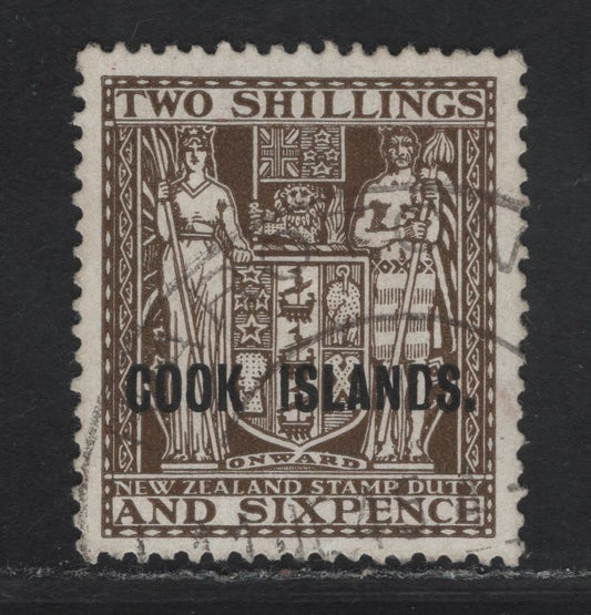 Lot 109 (C) Cook Islands SG#122 2/6 Deep Dull brown Arms, 1936-1944 Overprinted Postal Fiscal Issue, A Very Fine Used Single, Single Star & NZ Wmk.