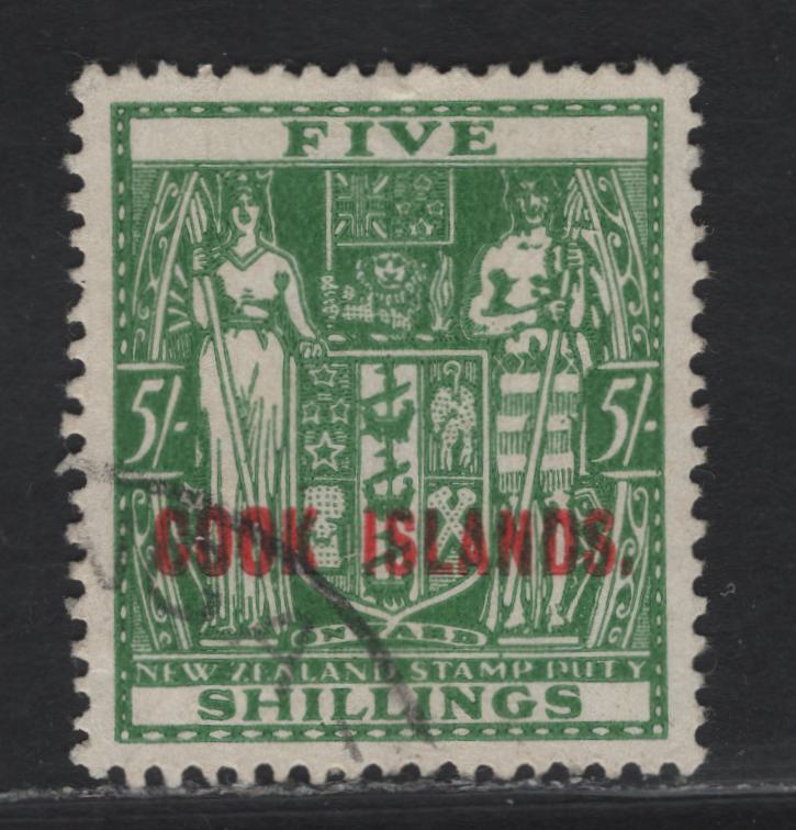 Lot 110 (C) Cook Islands SG#132 5/- Green Arms, 1944-1954 Overprinted Postal Fiscal Issue, A Very Fine Used Single, Multiple Star & NZ Wmk.