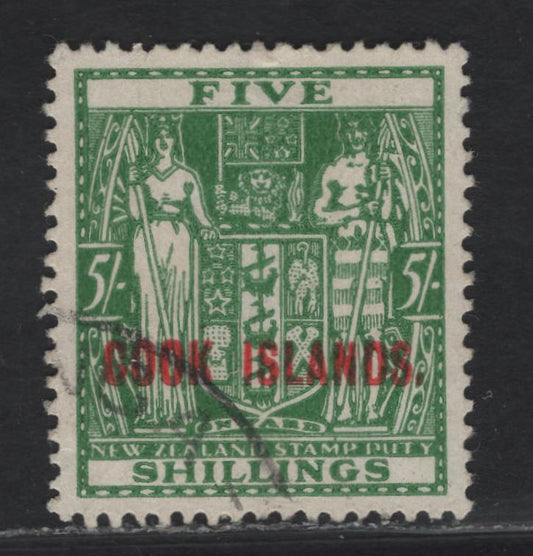 Lot 110 (C) Cook Islands SG#132 5/- Green Arms, 1944-1954 Overprinted Postal Fiscal Issue, A Very Fine Used Single, Multiple Star & NZ Wmk.
