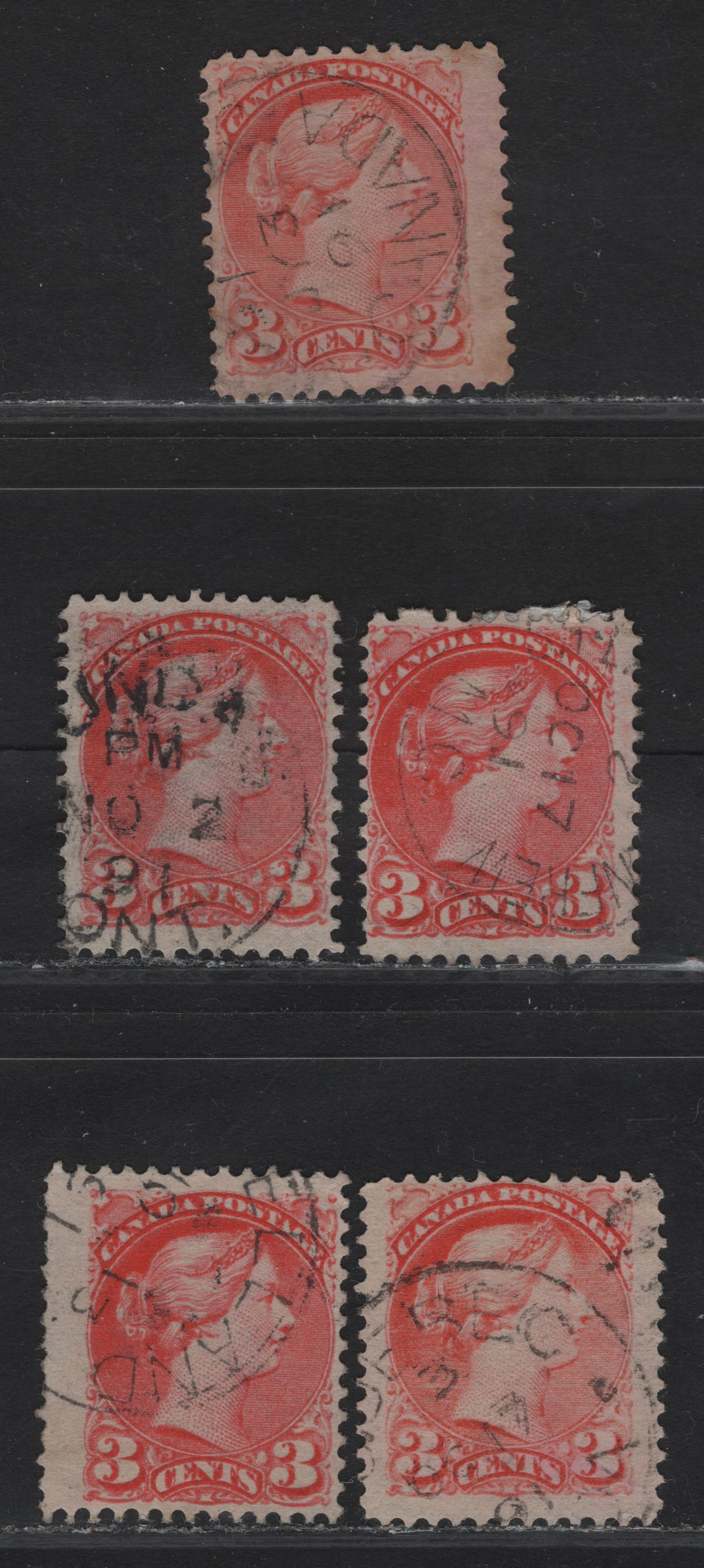 Lot 11 Canada #41 3c Bright Vermillion Queen Victoria, 1888-1897 Small Queen Issue, 5 Fine Used Singles, Second Ottawa Printing, Different Shades, 1891 Dated Cancels, Papers 2O-HH, 2O-II & 2O-KK.