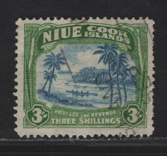 Lot 112 (C) Niue SG#77 3/- Blue & Yellowish Green King George V, 1938 Pictorial Issue, A Very Fine Used Single, Single Star Wmk.