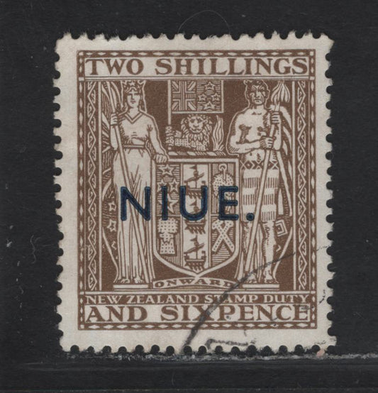 Lot 113 Niue SG#79 2/6 Olive Brown Arms, 1941-1967 Overprinted Postal Fiscal Issue, A Very Fine Used Single, Wiggins Tempe Paper, Single Crown & NZ Wmk.