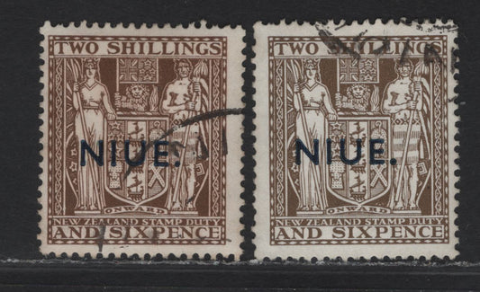 Lot 114 Niue SG#79 2/6 Deep Brown & Olive Brown Arms, 1941-1967 Overprinted Postal Fiscal Issue, 2 Fine Used Singles, Wiggins Tempe Paper, Single Star & NZ Wmk.