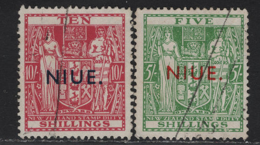Lot 115 Niue SG#84wi, 85 5/- - 10/- Green - Carmine Lake Arms, 1941-1967 Overprinted Postal Fiscal Issue, 2 Fine/Very Fine Used Single, Multiple Star & NZ Wmk, Inverted Wmk.