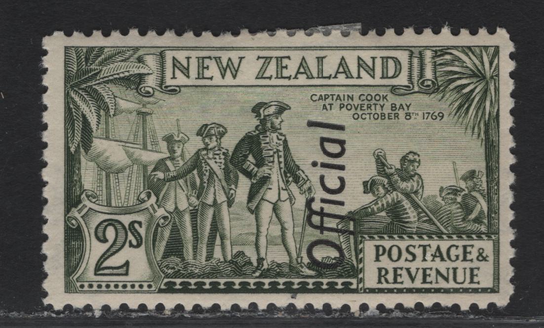 Lot 118 New Zealand SG#O132c 2/- Olive Green Capt Cook at Poverty Bay, 1936-1942 Pictorial Issue, A VFOG Single, Perf 13.