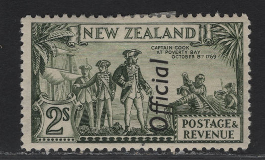 Lot 118 New Zealand SG#O132c 2/- Olive Green Capt Cook at Poverty Bay, 1936-1942 Pictorial Issue, A VFOG Single, Perf 13.