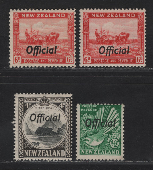 Lot 120 New Zealand SG#O120, O126a, O127,b 1/2d - 6d Bright Green - Scarlet Capt Cook at Poverty Bay, 1936-1961 Official Overprinted Pictorial Issue, 4 FOG Singles, Perfs 14, 13.5x14 & 12.5.