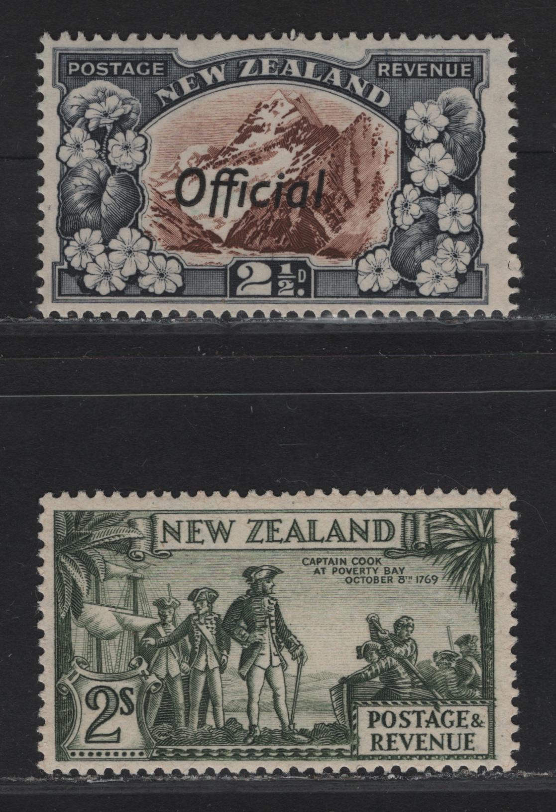 Lot 121 New Zealand SG#589e, O124a 2.5d - 2/- Chocolate & Slate - Olive Green Capt Cook at Poverty Bay, 1936-1961 Pictorial Issue, 2 FNH Singles, Perfs 14 & 14x13.5, Star & NZ Wmk.