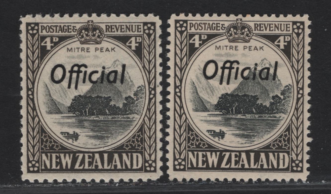 Lot 122 New Zealand SG#O126a-b 4d Black & Sepia Mitre Peak, 1936-1961 Official Overprinted Pictorial Issue, 2 VFOG Singles, Perfs 14 & 12.5, Multiple Star & NZ.
