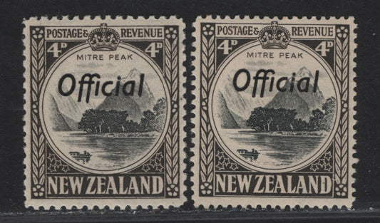 Lot 122 New Zealand SG#O126a-b 4d Black & Sepia Mitre Peak, 1936-1961 Official Overprinted Pictorial Issue, 2 VFOG Singles, Perfs 14 & 12.5, Multiple Star & NZ.
