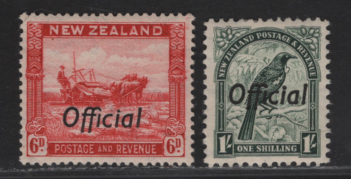 Lot 123 New Zealand SG#O127c, O131b 6d Scarlet - Deep Green Harvesting - Parson Bird, 1936-1961 Official Overprinted Pictorial Issue, 2 VFOG Singles, Perfs 14.5x14 & 12.5.