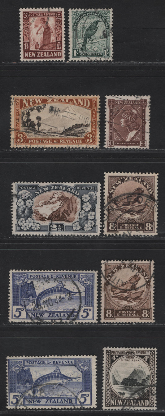Lot 125 New Zealand SG#579, 581b, 582-584,c, 588, 590 1.5d - 3/- Red Brown - Chocolate & Yellow Brown Maori Women - Mt Egmont, 1936-1942 Pictorial Issue, 10 Fine/Very Fine Used Singles, Perfs 14, 13-14x13.5, 14x13.5 & 12.5.