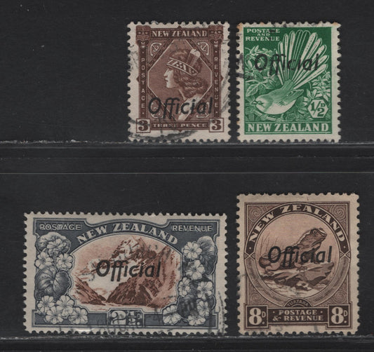 Lot 126 (C) New Zealand SG#O120, O124a, O125, O128 1/2d - 8d Green - Chocolae Collared Gray Fantail - Tuatara Lizard, 1936-1961 Official Overprinted Pictorial Issue, 4 Fine/Very Fine Used Singles, Perfs 14 & 12.5.