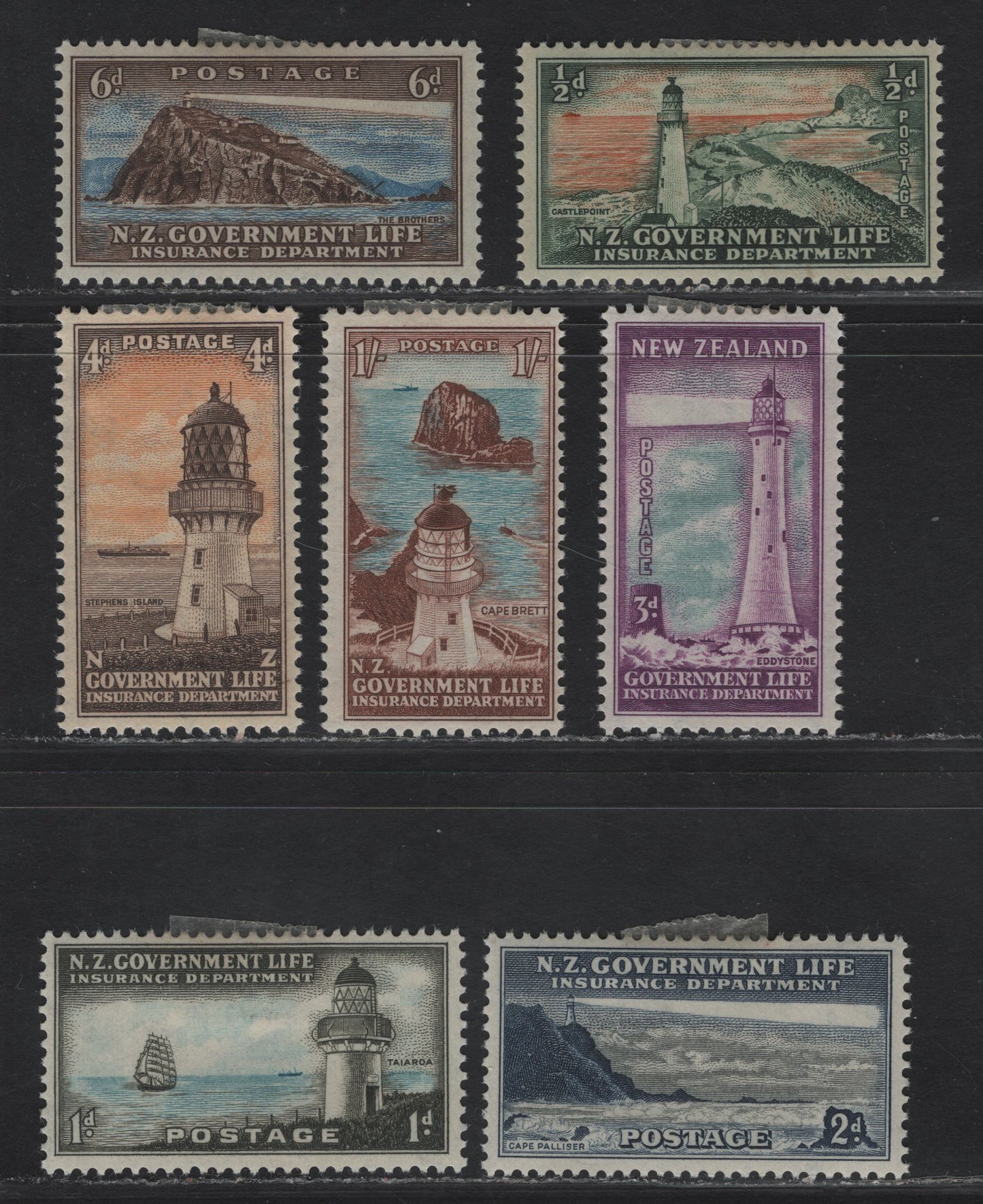 Lot 128 (C) New Zealand SG#L42-L44, L46-L49 1/2d - 1/- Gray Green & Orange Red - Red Brown & Blue Lighthouses, 1947-1965 Pictorial Life Insurance Issue, 7 F/VFOG Singles.