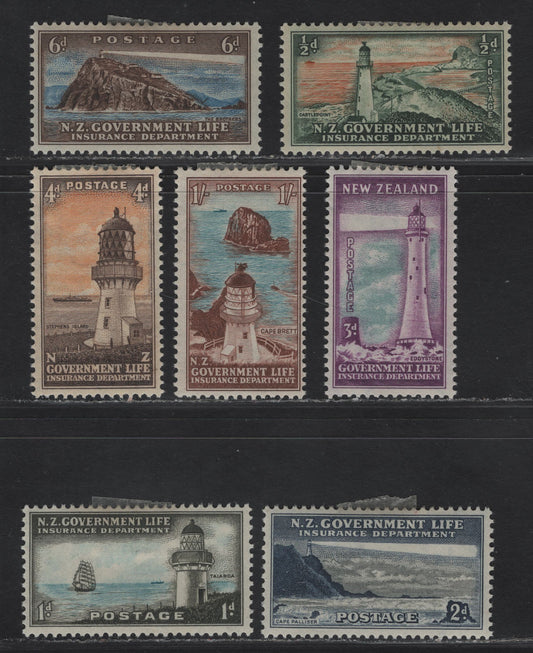 Lot 128 (C) New Zealand SG#L42-L44, L46-L49 1/2d - 1/- Gray Green & Orange Red - Red Brown & Blue Lighthouses, 1947-1965 Pictorial Life Insurance Issue, 7 F/VFOG Singles.