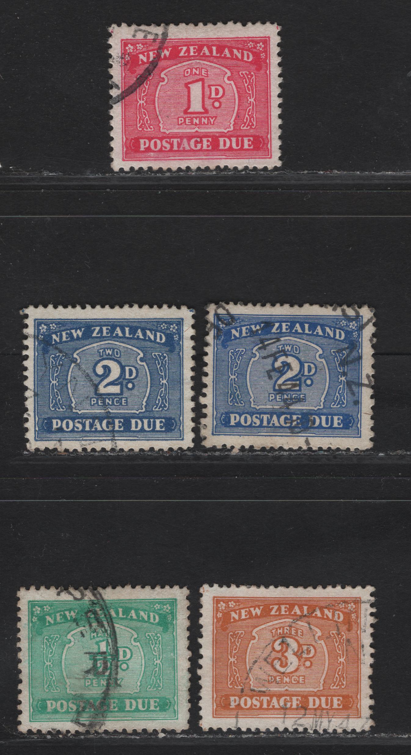 Lot 130 (C) New Zealand SG#D41-D43, D46, D47a 1/2d - 3d Turquoise Green - Orange Brown Numeral, 1939-1949 Postage Dues, 5 Very Fine Used Singles, Single Star & NZ and Multiple Star Wmks, 3d Is Sideways Inverted Wmk & 2d Are Both Sideways & Inverted.