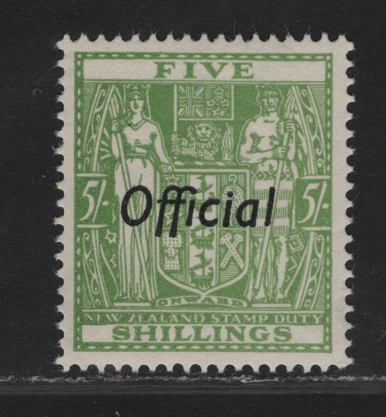 Lot 131 New Zealand SG#O133b 5/- Green Arms, 1936-1961 Official Overprinted Postal Fiscal Issue, A VFNH Single, Multiple Star & NZ Wmk.