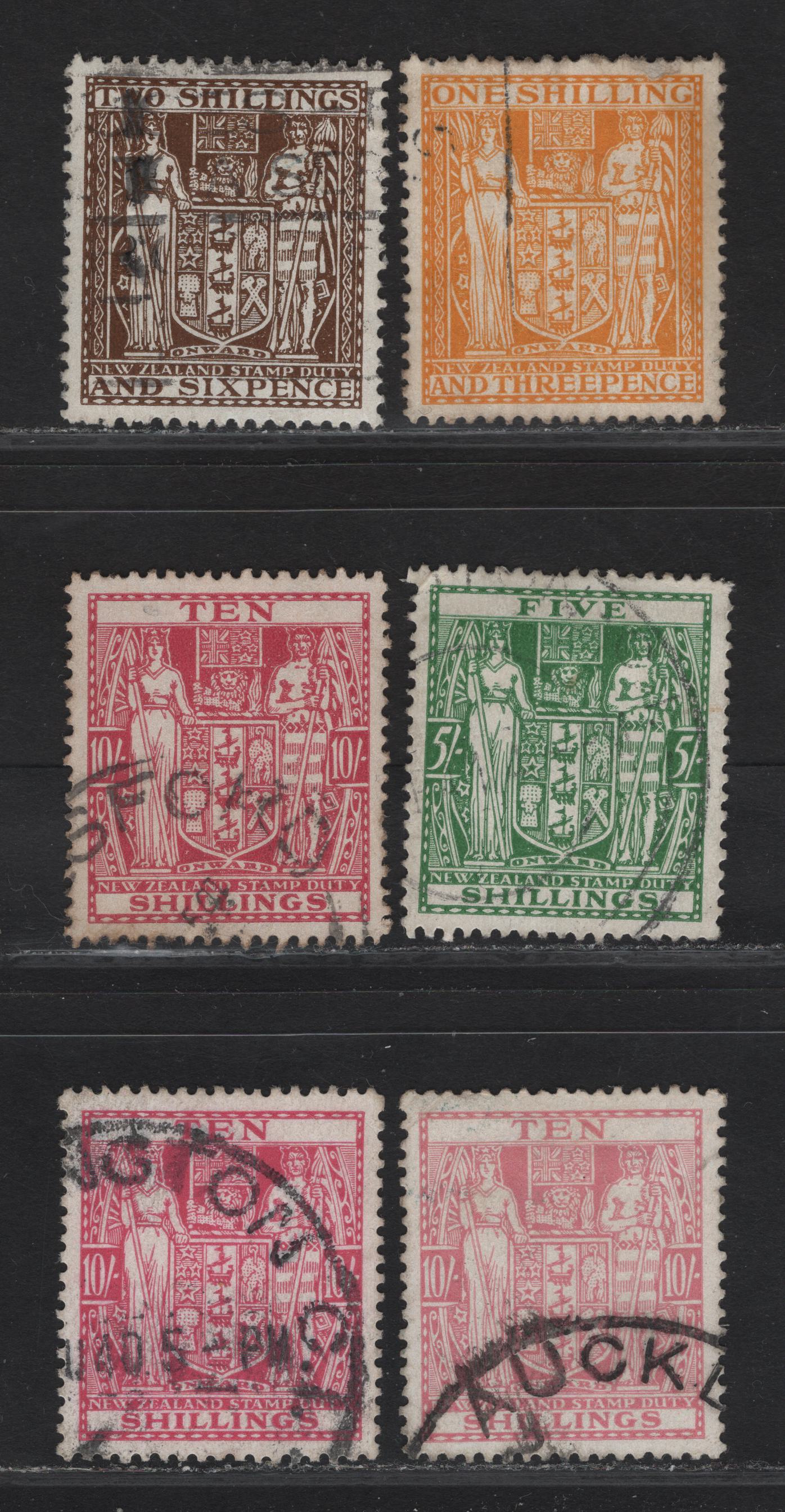 Lot 132 (C) New Zealand SG#F169-F170, F172, F177 1/3d - 10/- Pale Orange Yellow - Carmine Lake Arms, 1931-1940 Postal Fiscal Issue, 4 Very Fine Used Singles, Single Star & NZ Wmk, Wiggins Teape Paper, 3 Shades Of 10/-.