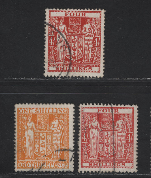 Lot 133 New Zealand SG#F169, F171 1/3d - 4/- Orange - Pale Orange Brown & Deep Red Brown Arms, 1931-1940 Postal Fiscal Issue, 2 Fine Used Singles, Single Star & NZ Wmk, Wiggins Teape Paper.