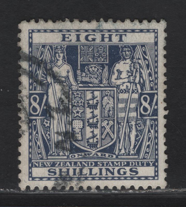 Lot 134 (C) New Zealand SG#F175 8/- Slate Violet Arms, 1936-1939 Postal Fiscal Issue, A Very Fine Used Single, Single Star & NZ Wmk, Wiggins Teape Paper With Vertical Mesh.
