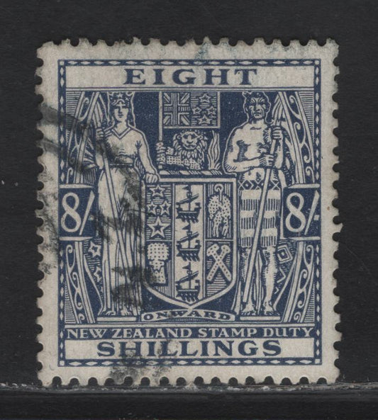 Lot 134 (C) New Zealand SG#F175 8/- Slate Violet Arms, 1936-1939 Postal Fiscal Issue, A Very Fine Used Single, Single Star & NZ Wmk, Wiggins Teape Paper With Vertical Mesh.