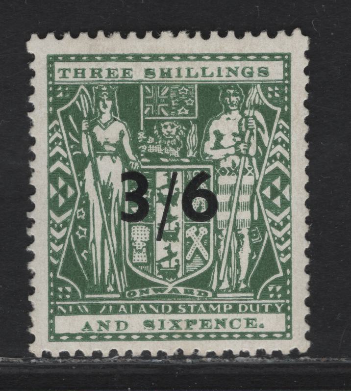 Lot 135 New Zealand SG#F187 3/6 on 3/6 Green Arms, 1940 Postal Fiscal Issue, A VFNH Single, Single Star & NZ Wmk, Wiggins Teape Paper.