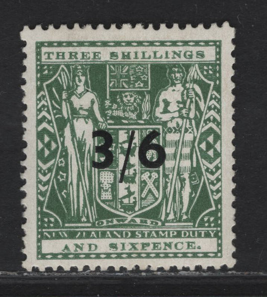 Lot 135 New Zealand SG#F187 3/6 on 3/6 Green Arms, 1940 Postal Fiscal Issue, A VFNH Single, Single Star & NZ Wmk, Wiggins Teape Paper.