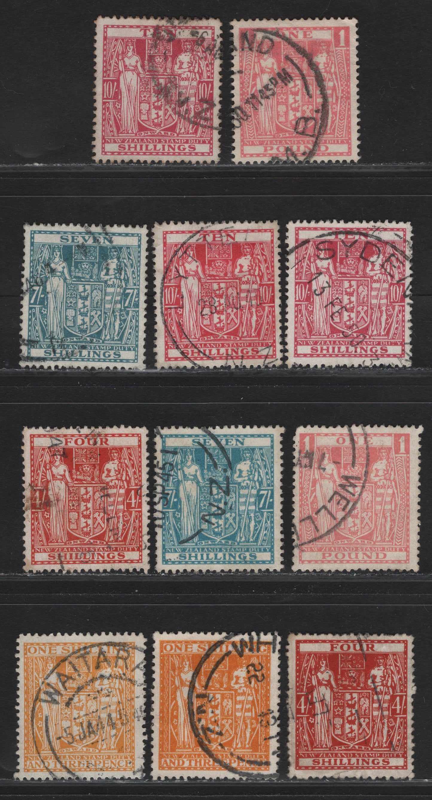 Lot 139 (C) New Zealand SG#F191, F194, F197, F201, F203 1/3d - £1 Orange Yellow - Pink Arms, 1940-1958 Postal Fiscal Issue, 5 Fine/Very Fine Used Singles, Unlisted Shades Of Each.