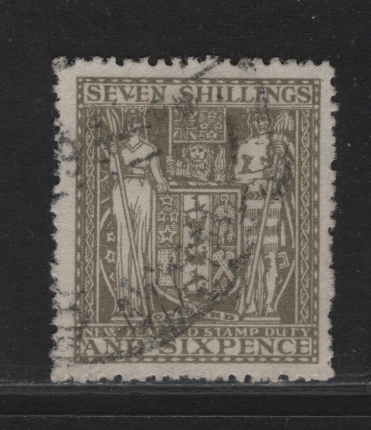 Lot 139A (C) New Zealand SG#F198 7/6 Olive Gray Arms, 1940-1958 Postal Fiscal Issue, A Fine Used Single, Upright Wmk, Unlisted In Gibbons.