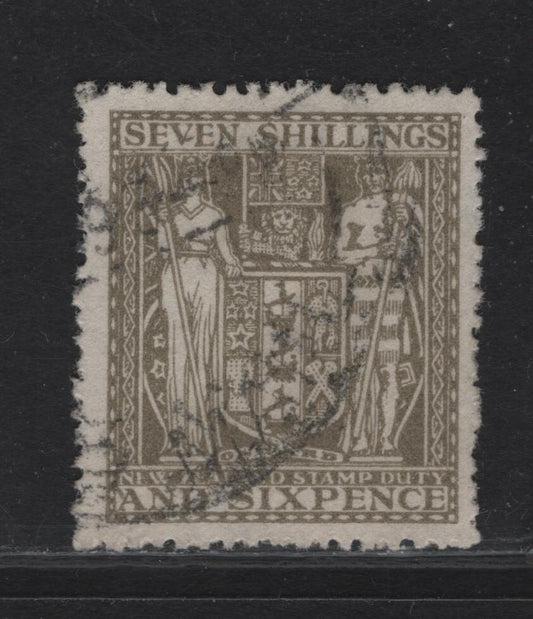 Lot 139A (C) New Zealand SG#F198 7/6 Olive Gray Arms, 1940-1958 Postal Fiscal Issue, A Fine Used Single, Upright Wmk, Unlisted In Gibbons.