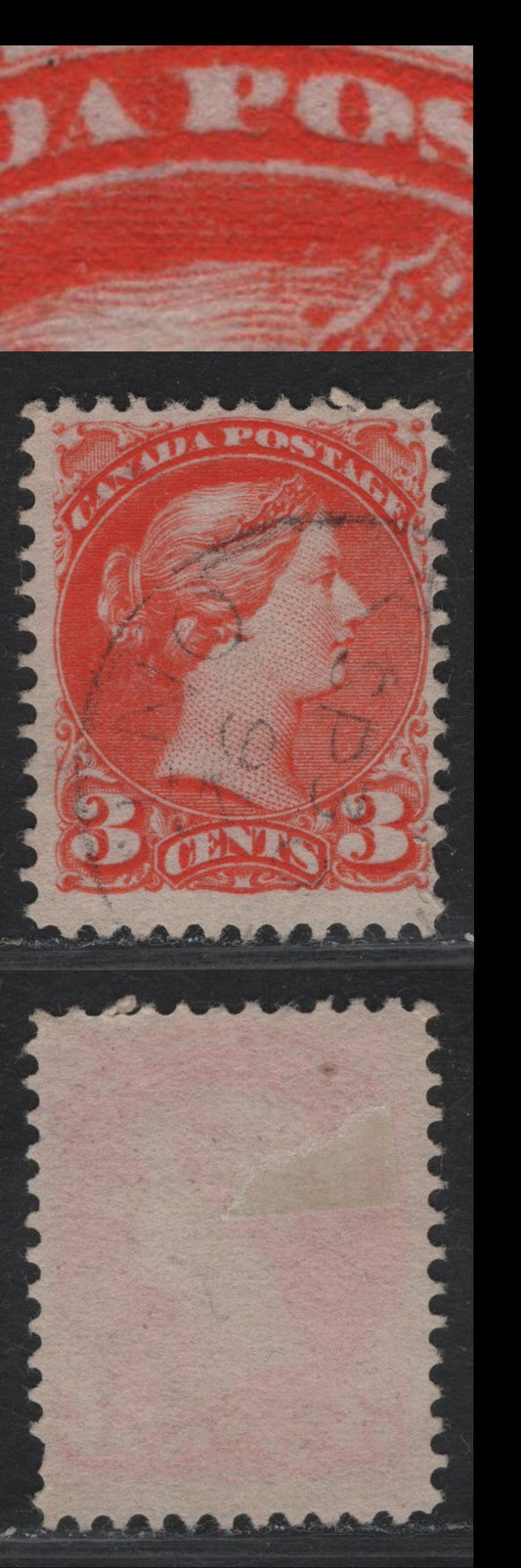Lot 13 Canada #41 3c Deep Bright Orange Queen Victoria, 1888-1897 Small Queen Issue, A Fine Used Single, Early 2nd Ottawa Printing, Perf 12, Paper 2O-E, Seldom Seen Medallion Dot At 9 O'Clock, Right On Medallion Rim.