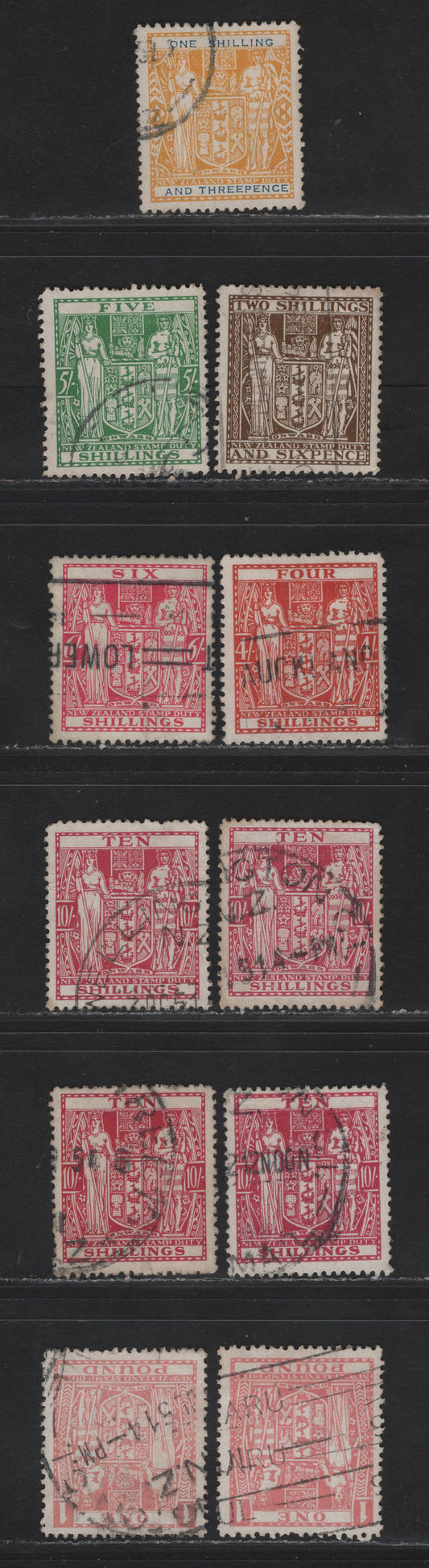 Lot 140 (C) New Zealand SG#F192b, F193w, F194w, F196w, F201w, F203w 1/3d - £1 Yellow & Dark Blue - Pink Arms, 1940-1958 Postal Fiscal Issue, 6 Fine/Very Fine Used Singles, Different Shade Variations, All With Inverted Wmk.