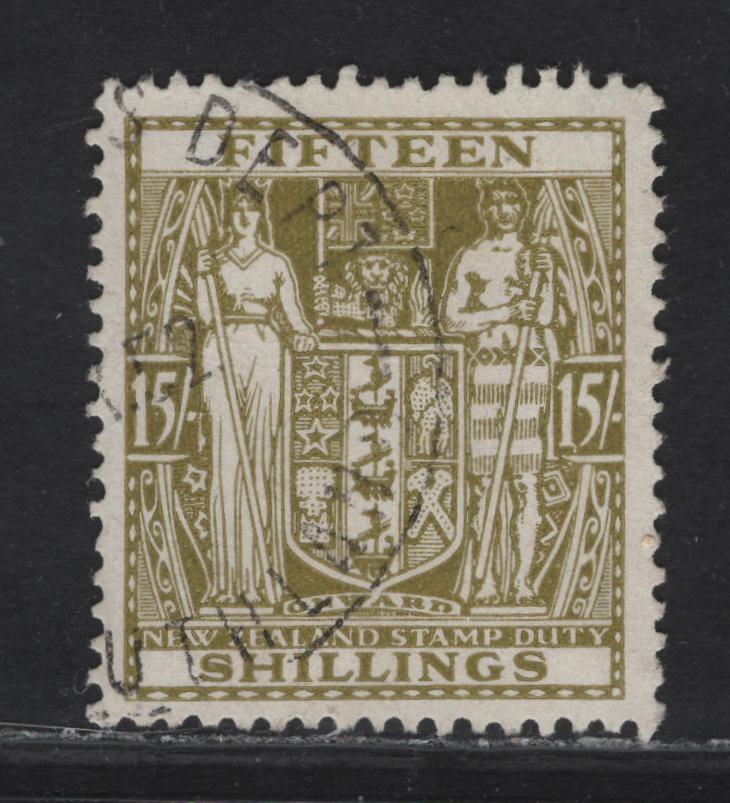 Lot 141 (C) New Zealand SG#F202w 15/- Sage Green Arms, 1940-1958 Postal Fiscal Issue, A Very Fine Used Single, Inverted Wmk.