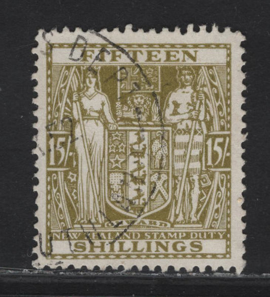 Lot 141 (C) New Zealand SG#F202w 15/- Sage Green Arms, 1940-1958 Postal Fiscal Issue, A Very Fine Used Single, Inverted Wmk.