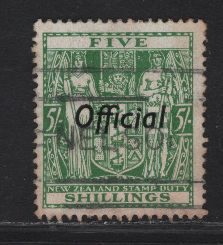 Lot 142 New Zealand SG#O113 5/- Green Arms, 1927-1933 Official Overprinted Postal Fiscal Issue, A Fine Used Single, Single Star & NZ Wmk, Some Toning.