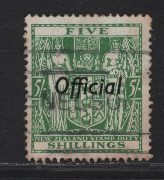 Lot 142 New Zealand SG#O113 5/- Green Arms, 1927-1933 Official Overprinted Postal Fiscal Issue, A Fine Used Single, Single Star & NZ Wmk, Some Toning.