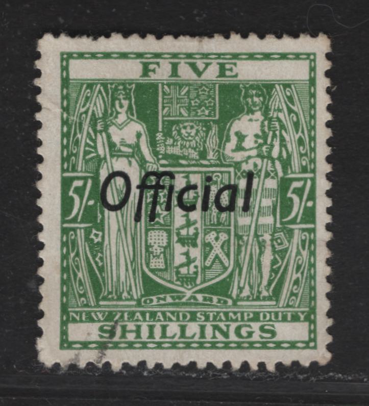 Lot 143 New Zealand SG#O119 5/- Green Arms, 1936-1961 Official Overprinted Postal Fiscal Issue, A Fine Used Single, Multiple Star & NZ Wmk.