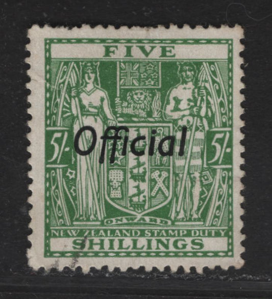 Lot 143 New Zealand SG#O119 5/- Green Arms, 1936-1961 Official Overprinted Postal Fiscal Issue, A Fine Used Single, Multiple Star & NZ Wmk.