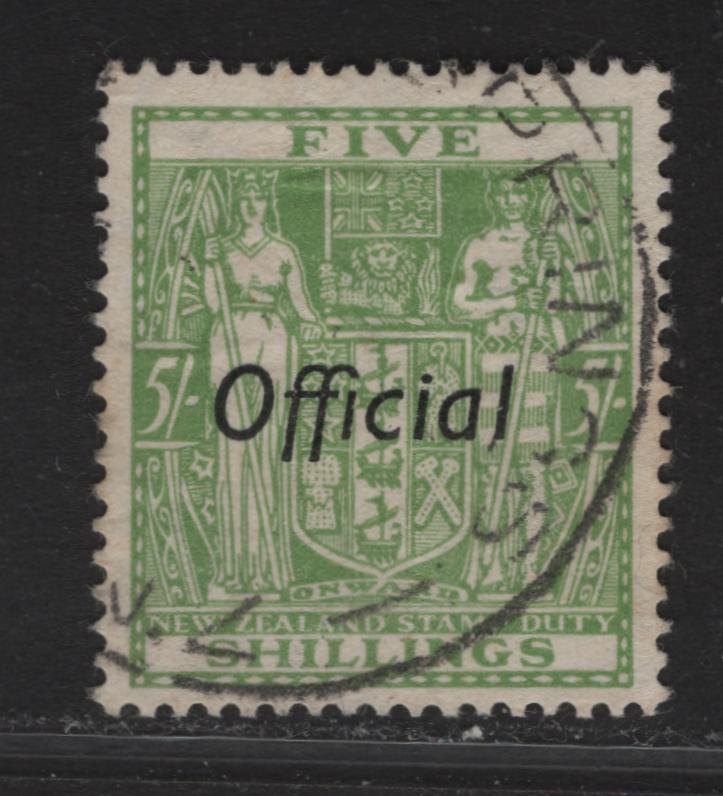Lot 144 New Zealand SG#O119 5/- Pale Green Arms, 1936-1961 Official Overprinted Postal Fiscal Issue, A Very Fine Used Single, Multiple Star & NZ Wmk.