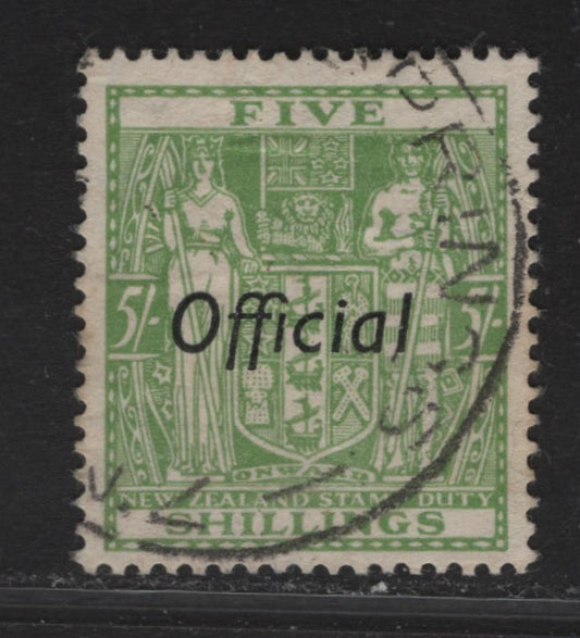 Lot 144 New Zealand SG#O119 5/- Pale Green Arms, 1936-1961 Official Overprinted Postal Fiscal Issue, A Very Fine Used Single, Multiple Star & NZ Wmk.