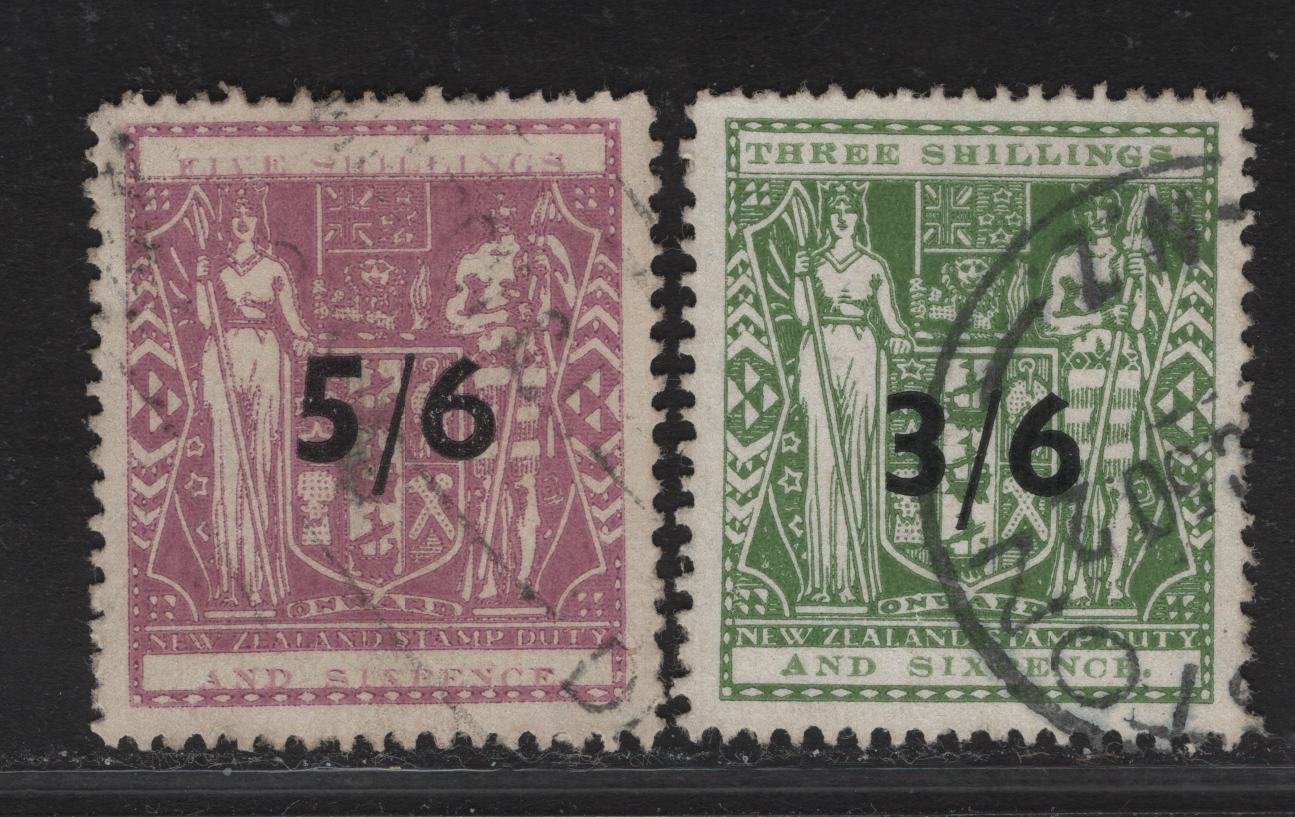 Lot 145 (C) New Zealand SG#F212, F214 3/6 on 3/6 - 5/6 on 5/6 Gray Green - Lilac Arms, 1940 Postal Fiscal Issue, 2 Very Fine Used Singles, Multiple Star & NZ Wmk, Type 1 Inscription.