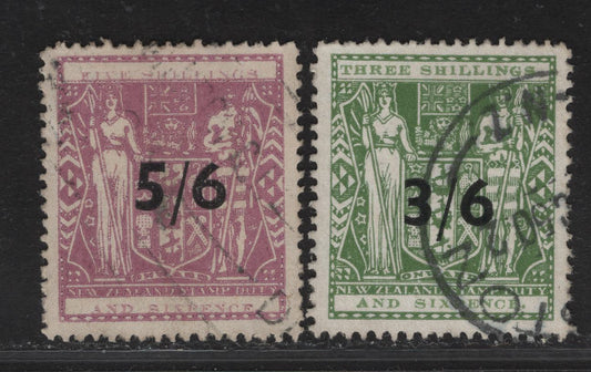 Lot 145 (C) New Zealand SG#F212, F214 3/6 on 3/6 - 5/6 on 5/6 Gray Green - Lilac Arms, 1940 Postal Fiscal Issue, 2 Very Fine Used Singles, Multiple Star & NZ Wmk, Type 1 Inscription.