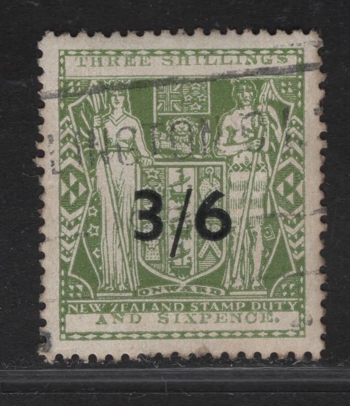 Lot 146 (C) New Zealand SG#F212w 3/6 on 3/6 Gray Green Arms, 1940 Postal Fiscal Issue, A Very Fine Used Single, Inverted Wmk, Type 1 Inscription.