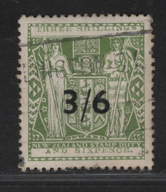 Lot 146 (C) New Zealand SG#F212w 3/6 on 3/6 Gray Green Arms, 1940 Postal Fiscal Issue, A Very Fine Used Single, Inverted Wmk, Type 1 Inscription.