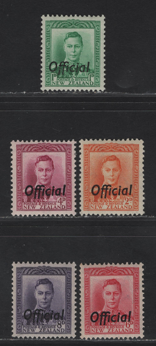 Lot 148 New Zealand SG#O137, O152-O155 1d - 8d Green - Violet King George VI, 1938-1951 Official Overprinted KGVI Issue, 5 F/VFOG/NH Singles, All NH Except 4d.