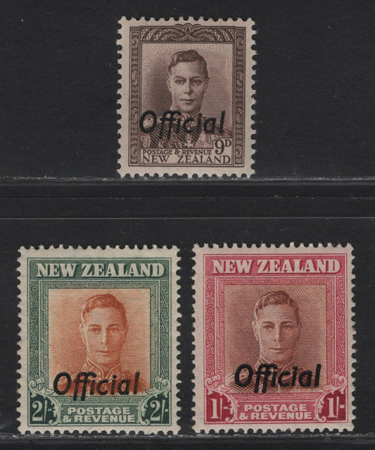 Lot 149 New Zealand SG#O156, O157b, O158 9d - 2/- Purple Brown - Brown Orange & Green King George VI, 1947-1951 Official Overprinted KGVI Issue, 3 F/VFNH Singles, 1/- Plate 2 & Upright Wmk, 2/- Plate 1 Upright Wmk.