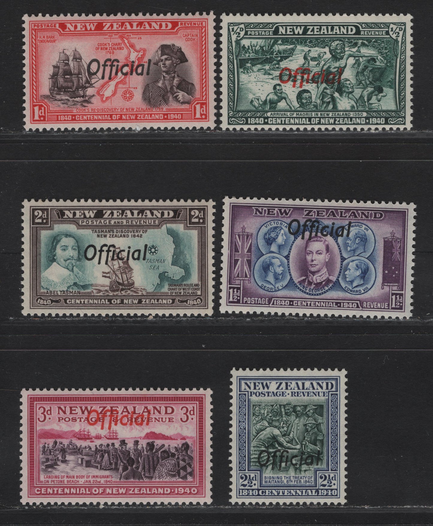 Lot 150 New Zealand SG#O141-O146 1/2d - 3d Blue Green - Purple & Carmine Arrival of the Maoris - landing of Immigrants, 1940 Official Overprinted Centenary Of Settlement Issue, 6 VFNH Singles.