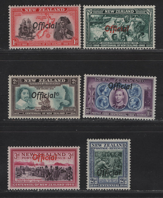 Lot 150 New Zealand SG#O141-O146 1/2d - 3d Blue Green - Purple & Carmine Arrival of the Maoris - landing of Immigrants, 1940 Official Overprinted Centenary Of Settlement Issue, 6 VFNH Singles.