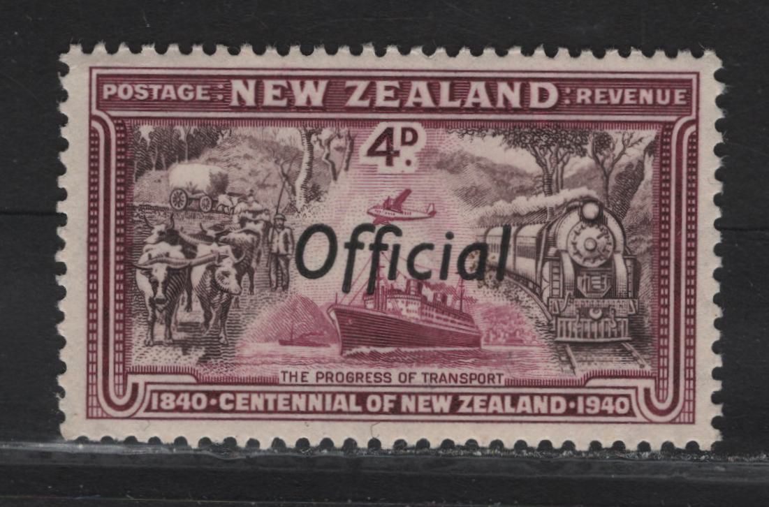 Lot 151 New Zealand SG#O147 4d Chocolate & Lake Road, Rail, Sea & Air, 1940 Official Overprinted Centenary Of Settlement Issue, A VFNH Single.