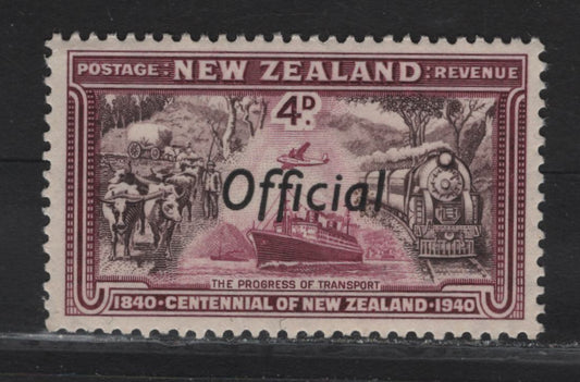 Lot 151 New Zealand SG#O147 4d Chocolate & Lake Road, Rail, Sea & Air, 1940 Official Overprinted Centenary Of Settlement Issue, A VFNH Single.